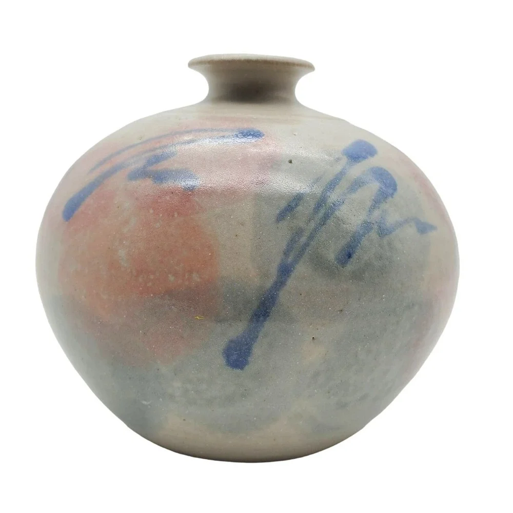 Gray Squat Art Pottery Vase Pastel Pink Blue Abstract Signed Ceramic Pot Vintage